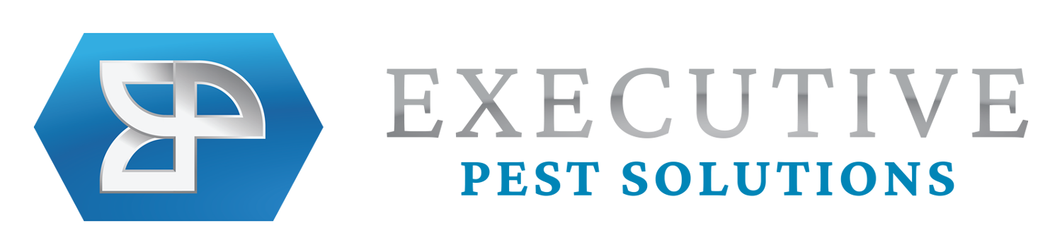 The logo for executive pest solutions is blue and silver