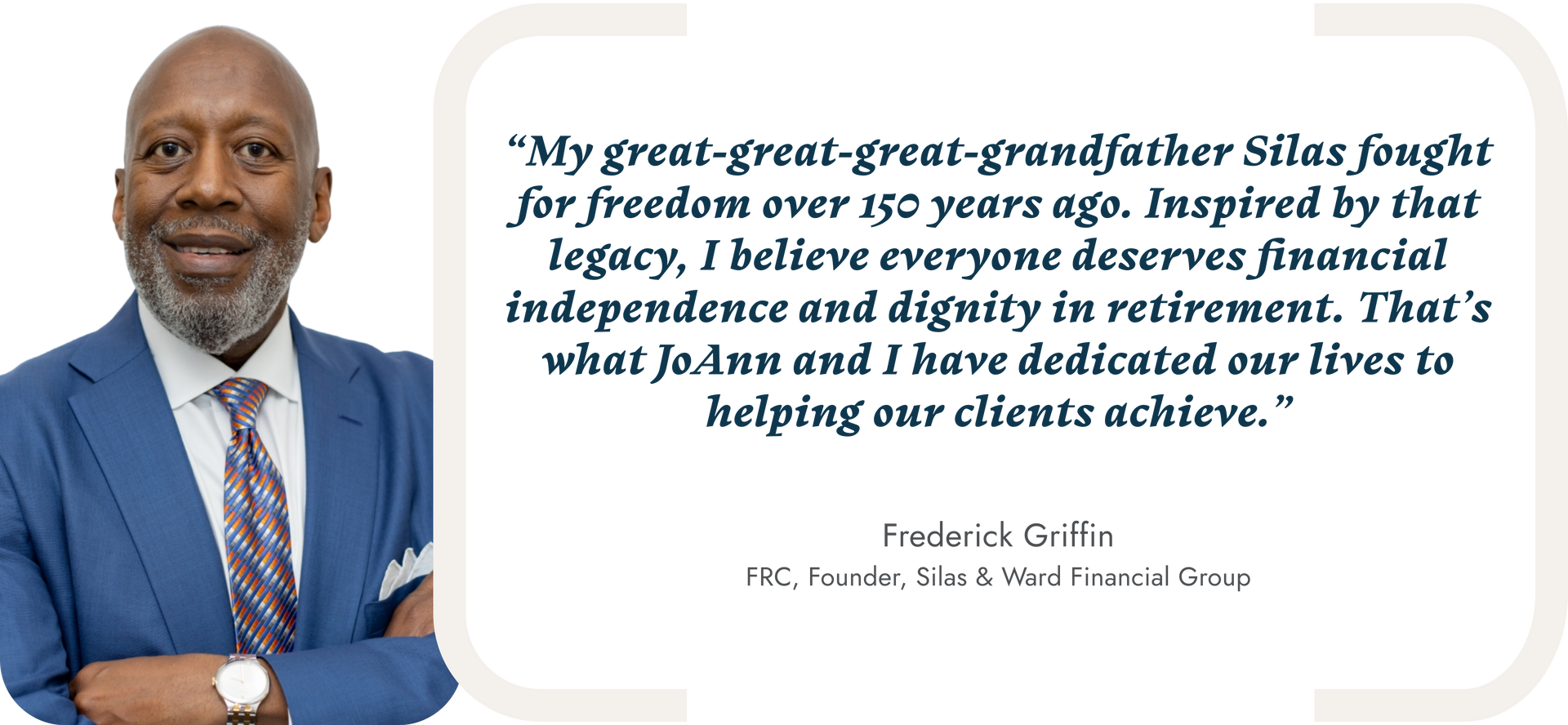 Man in a blue suit smiles next to a quote about financial independence.