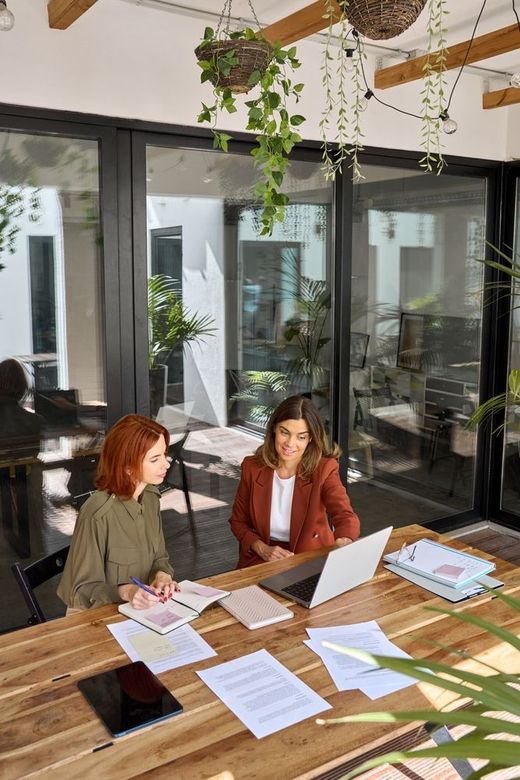 Two women are sitting at a table with papers and a laptop.