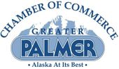 Greater Palmer Chamber of Commerce logo with mountains, blue lettering, and the phrase 