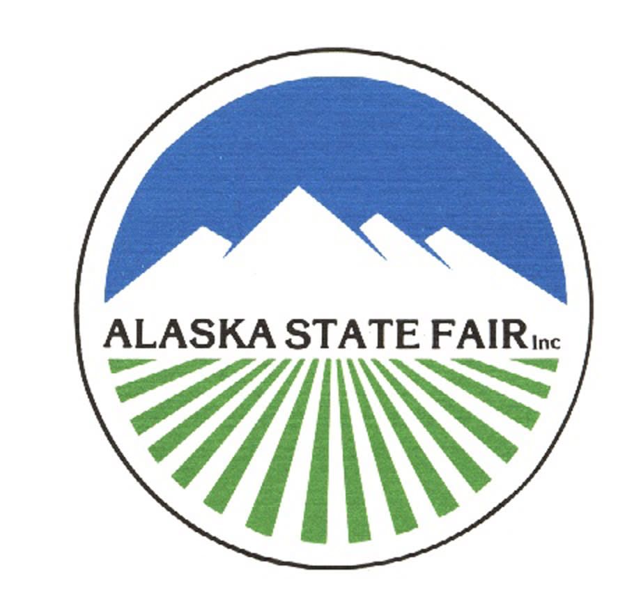 Alaska State Fair logo: blue mountains, green field, white text in a circular border.