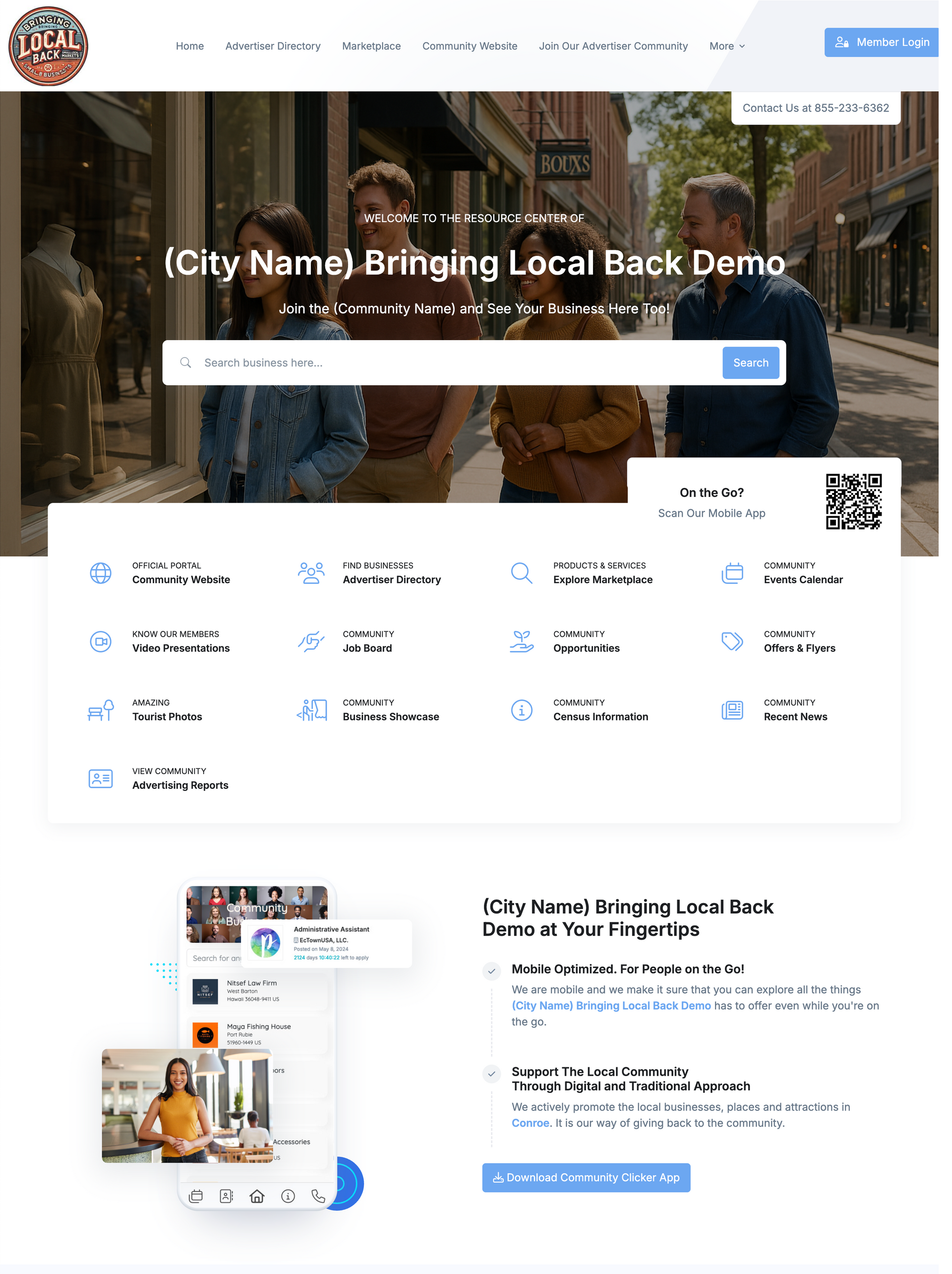 A screenshot of the city name bringing local back demo website.