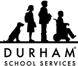 Black silhouette of children with a service dog and wheelchair user;