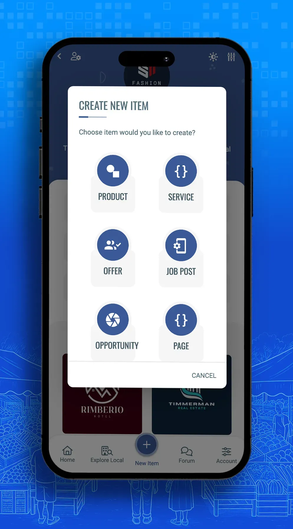 A cell phone with a screen that says `` create new item '' on it.