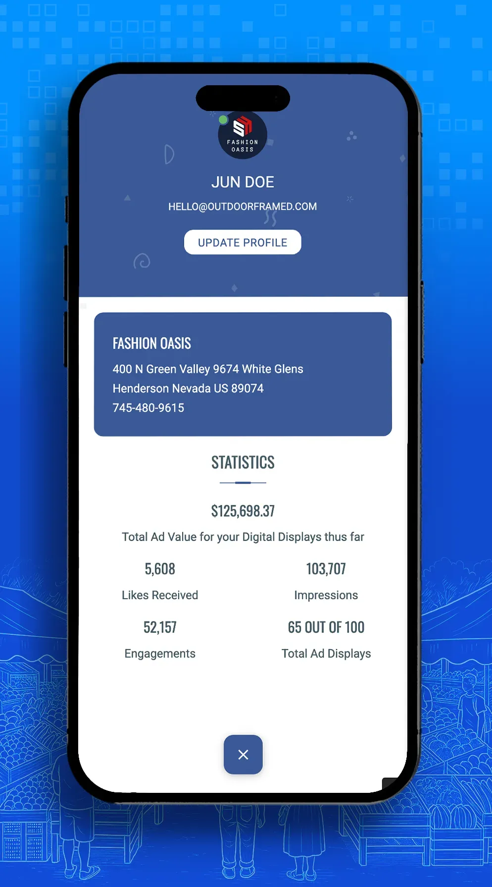 A cell phone with a blue background and a white screen.