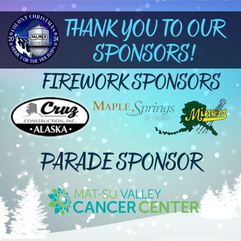 Poster thanking sponsors for Colony Christmas event. Sponsors include Cruz Construction, Maple Springs of Palmer, Miners, and
