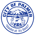 City of Palmer, Alaska seal: Blue circle with text, mountain scene, figures, and slogan