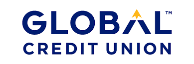 Global Credit Union logo with dark blue text and a gold arrow.