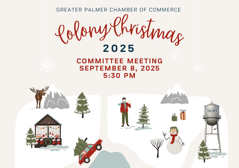 Flyer for Colony Christmas 2025 committee meeting, Sept. 8, 2025, featuring illustrations of snowy winter scenes.