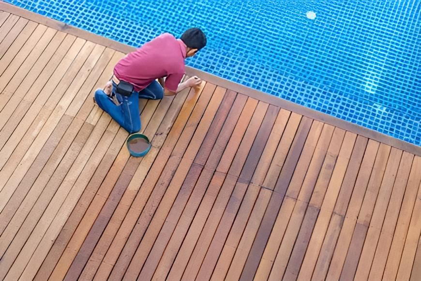 A Man Is Kneeling On A Wooden Deck Next To A Swimming Pool — Ballina Pool Shop In Ballina, NSW