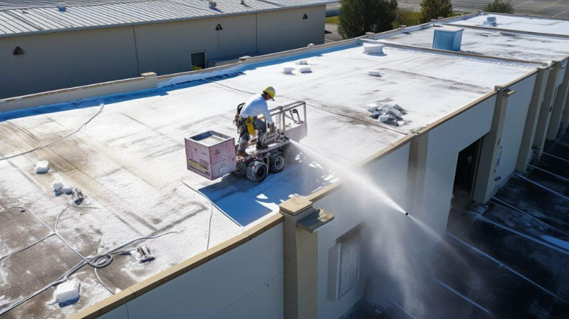 Worker pressure-washing a flat white commercial roof beside a building edge