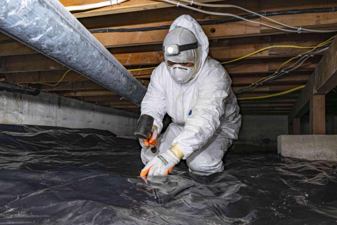 Worker in white protective suit cutting black plastic sheeting in a crawl space under wooden beams