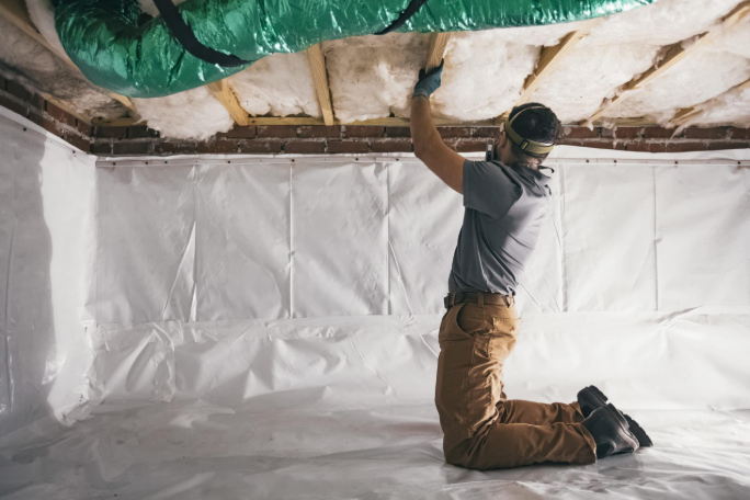 Person kneeling in a crawl space, reaching up to install insulation beneath a floor.