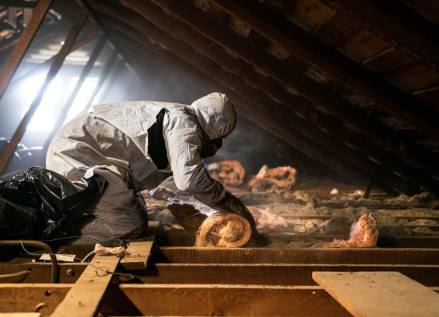 Worker in a protective suit kneeling in a dusty attic, inspecting insulation near exposed beams