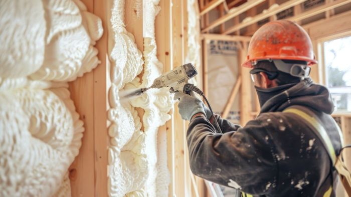 A construction worker in a hard hat uses a spray foam gun to insulate the wooden wall studs of an unfinished house.