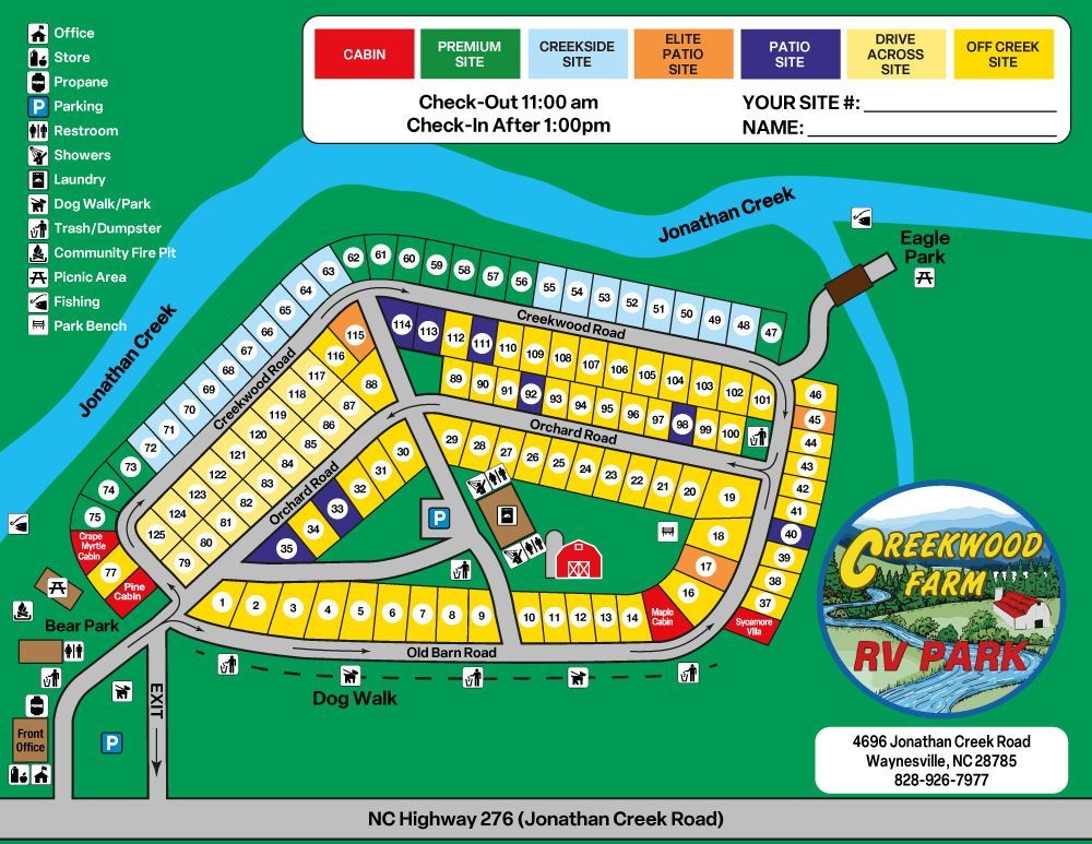 Map of Creekwood Farm RV resort showing campsites, roads, and amenities arranged near a creek with a legend on the right.
