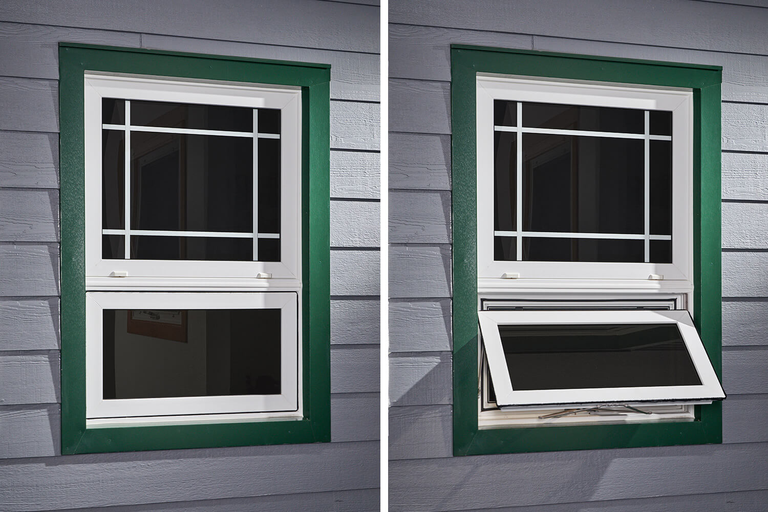 A window with a green frame is open and closed
