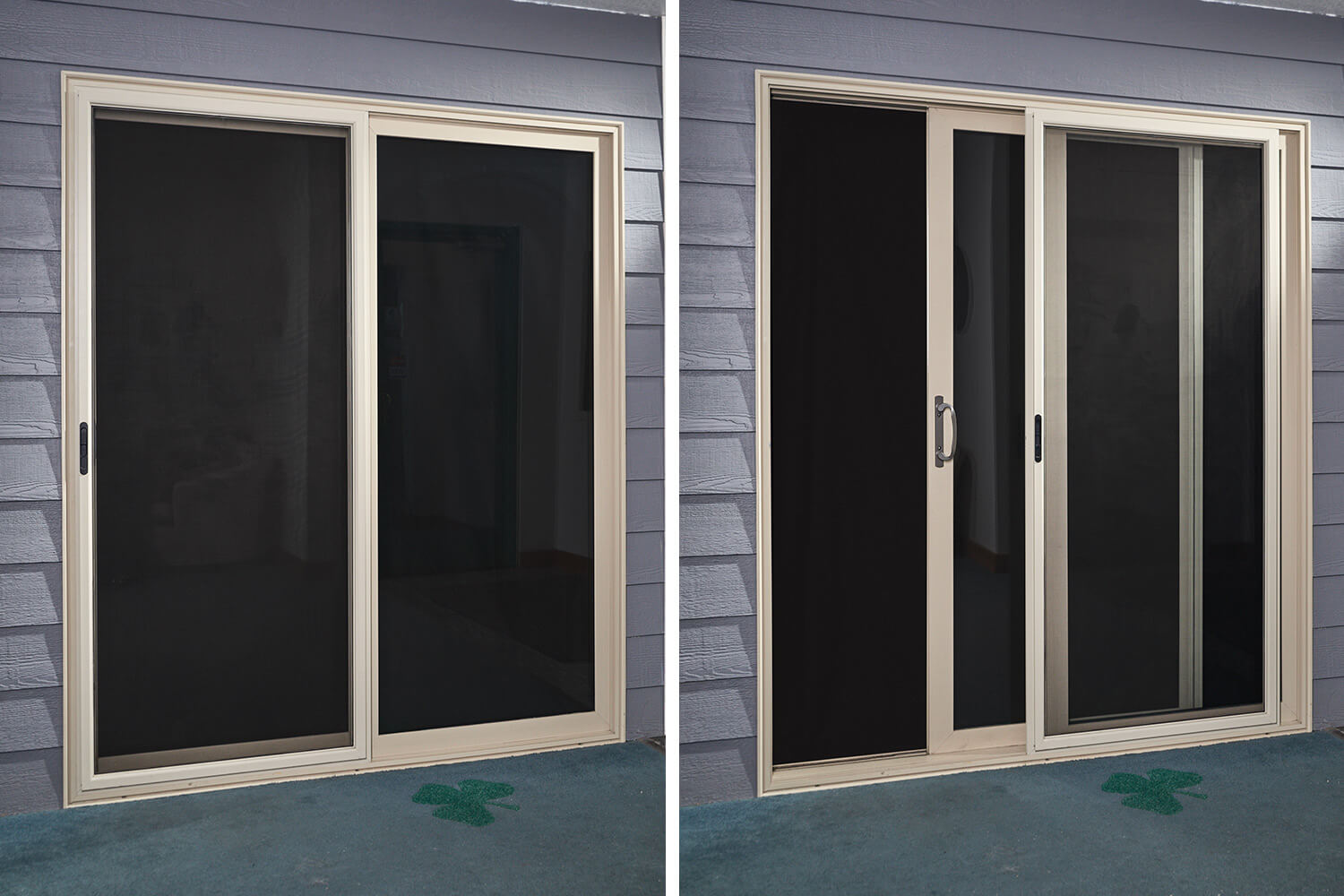 A picture of a sliding glass door that is open and closed