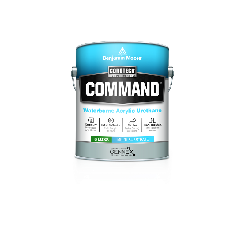 A can of command waterborne acrylic urethane paint on a white background.