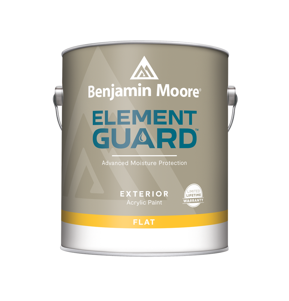 A can of benjamin moore element guard exterior acrylic paint.