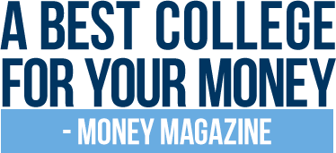 A blue and white sign that says a best college for your money