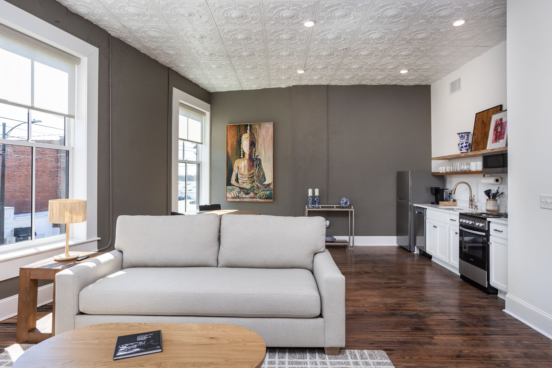 Tan sofa  in a living room