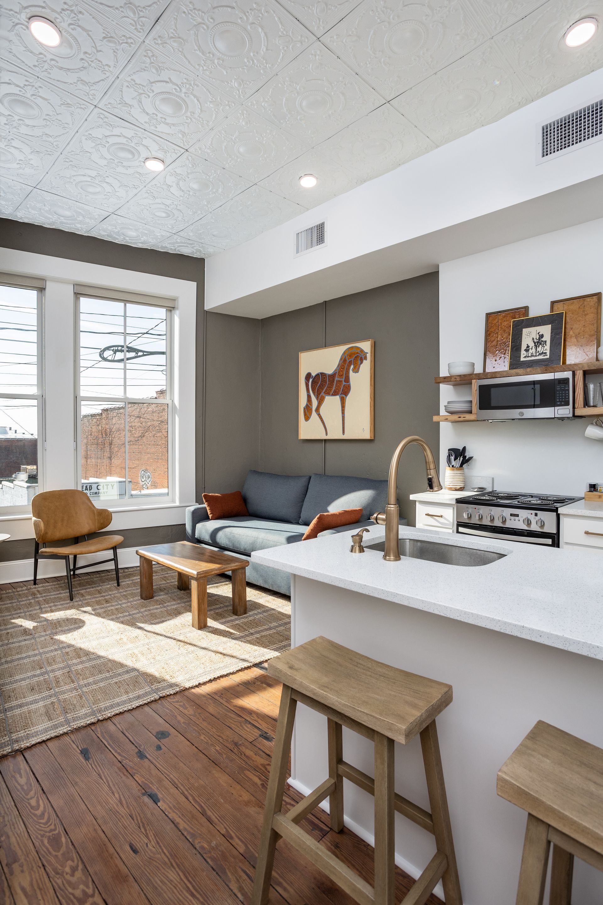 Seating area with blue sofa