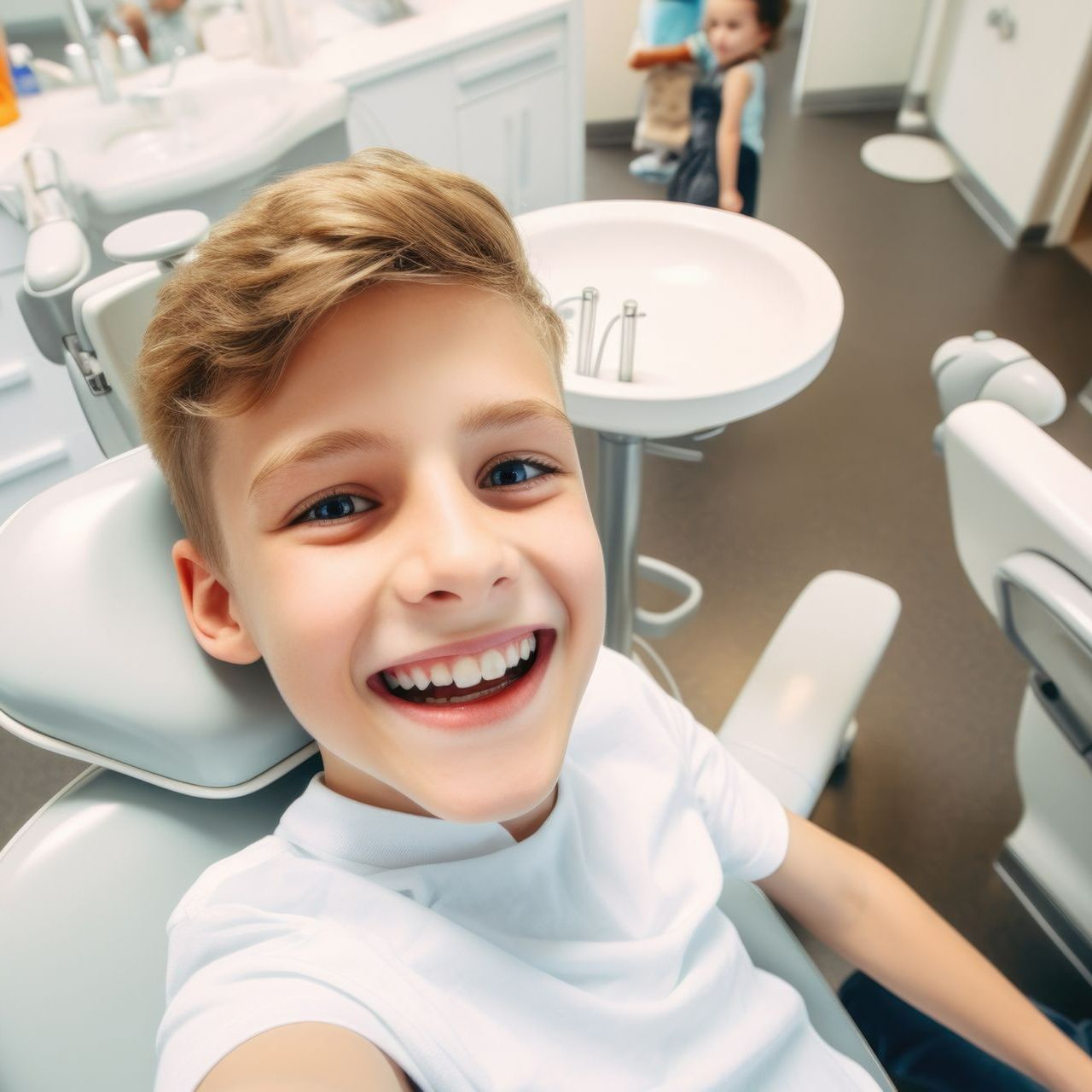 A young boy is smiling while sitting in a dental chair