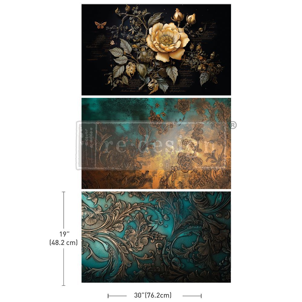 A set of three paintings with a gold flower on a black background.