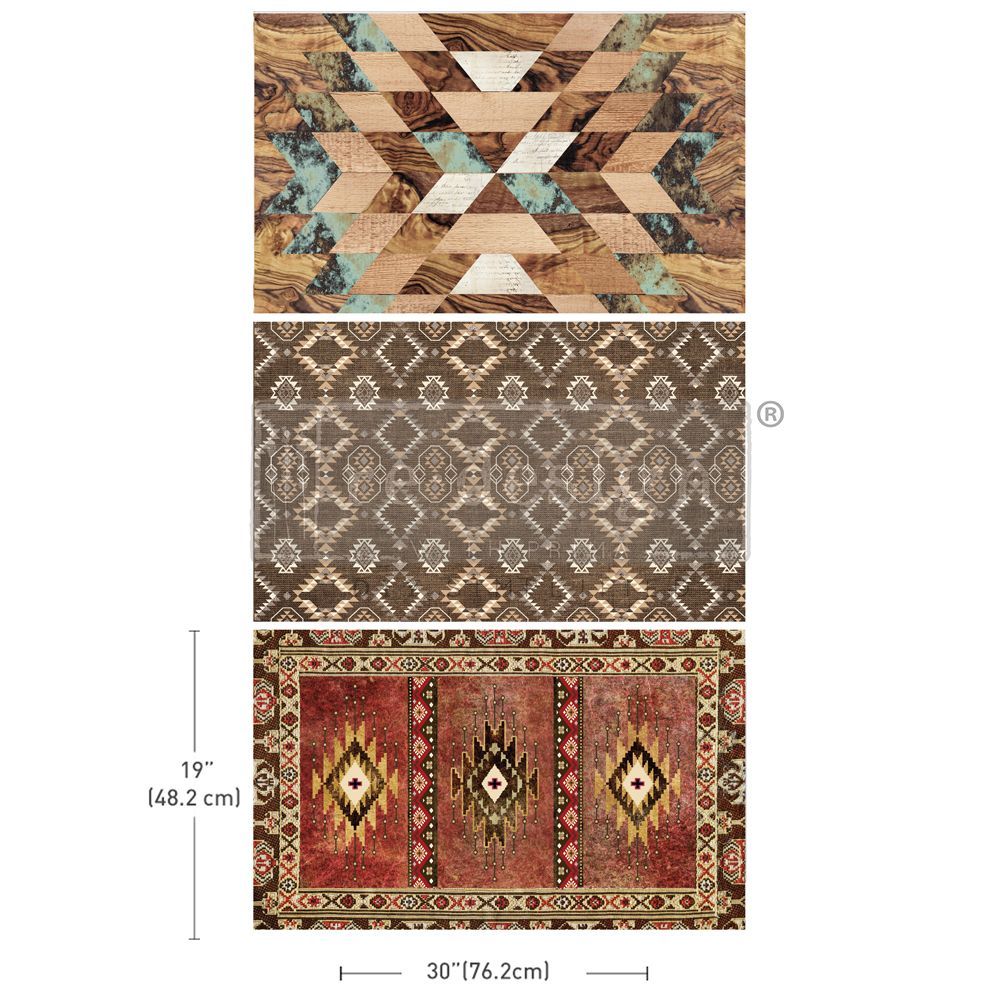 A set of three rugs with a geometric pattern on them