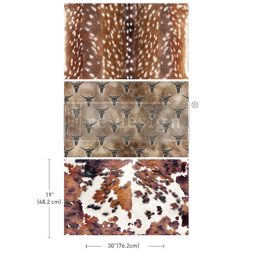 Three different patterns of deer and cowhide with measurements