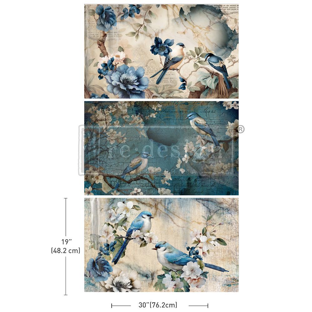 A set of three paintings of blue birds and flowers