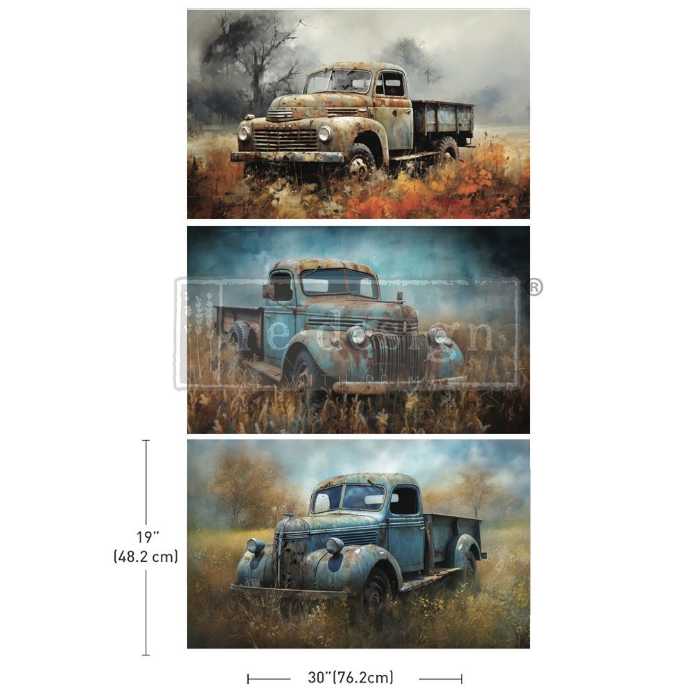 A set of three paintings of old trucks in a field.