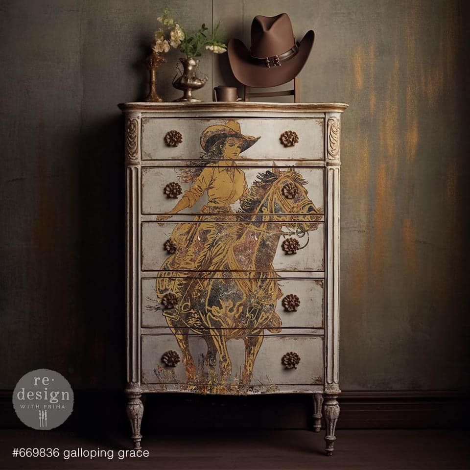 A dresser with a picture of a woman riding a horse on it