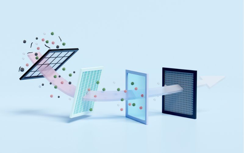 A diagram of a air filter with a blue background showing how it works.