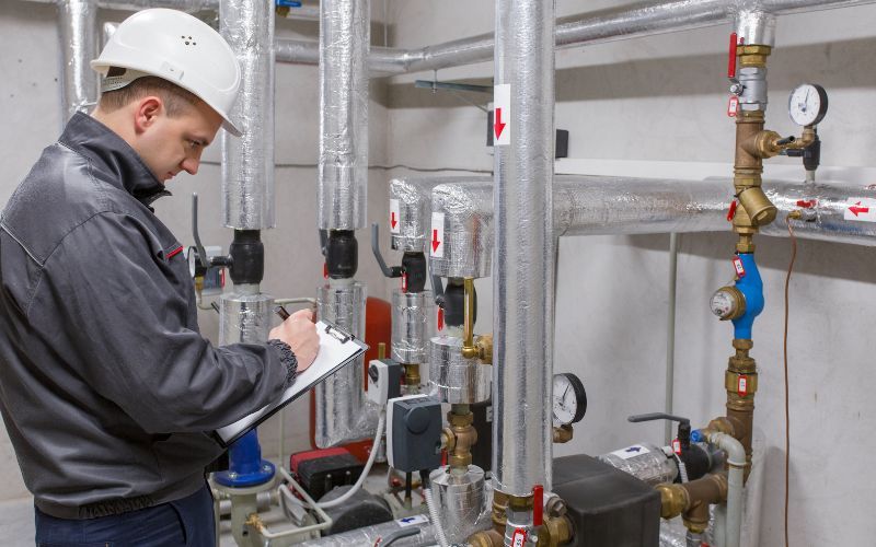A man is standing in a room with pipes and writing on a clipboard.