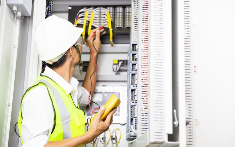 An electrician is working on an electrical box while holding a multimeter.