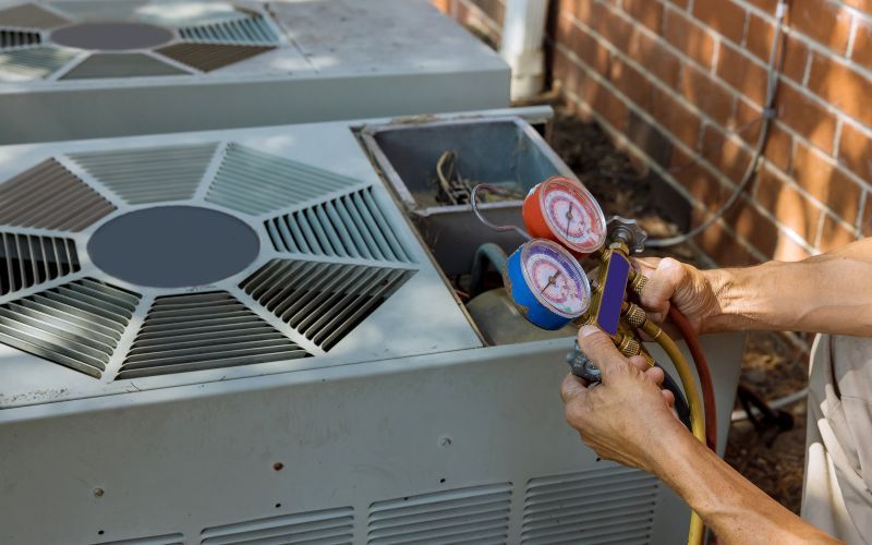 A man is working on an air conditioner outside of a brick building.
