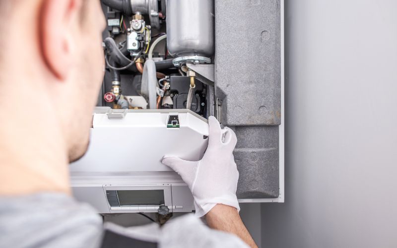 A man wearing white gloves is working on a boiler.