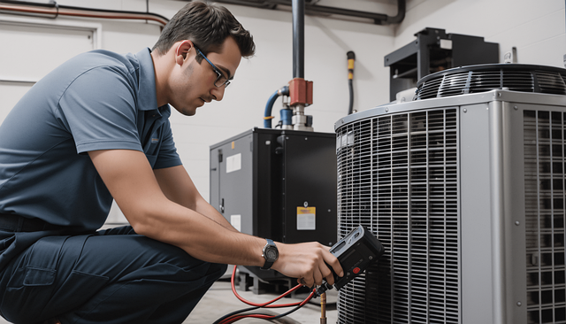 A man is kneeling down and working on an air conditioner.