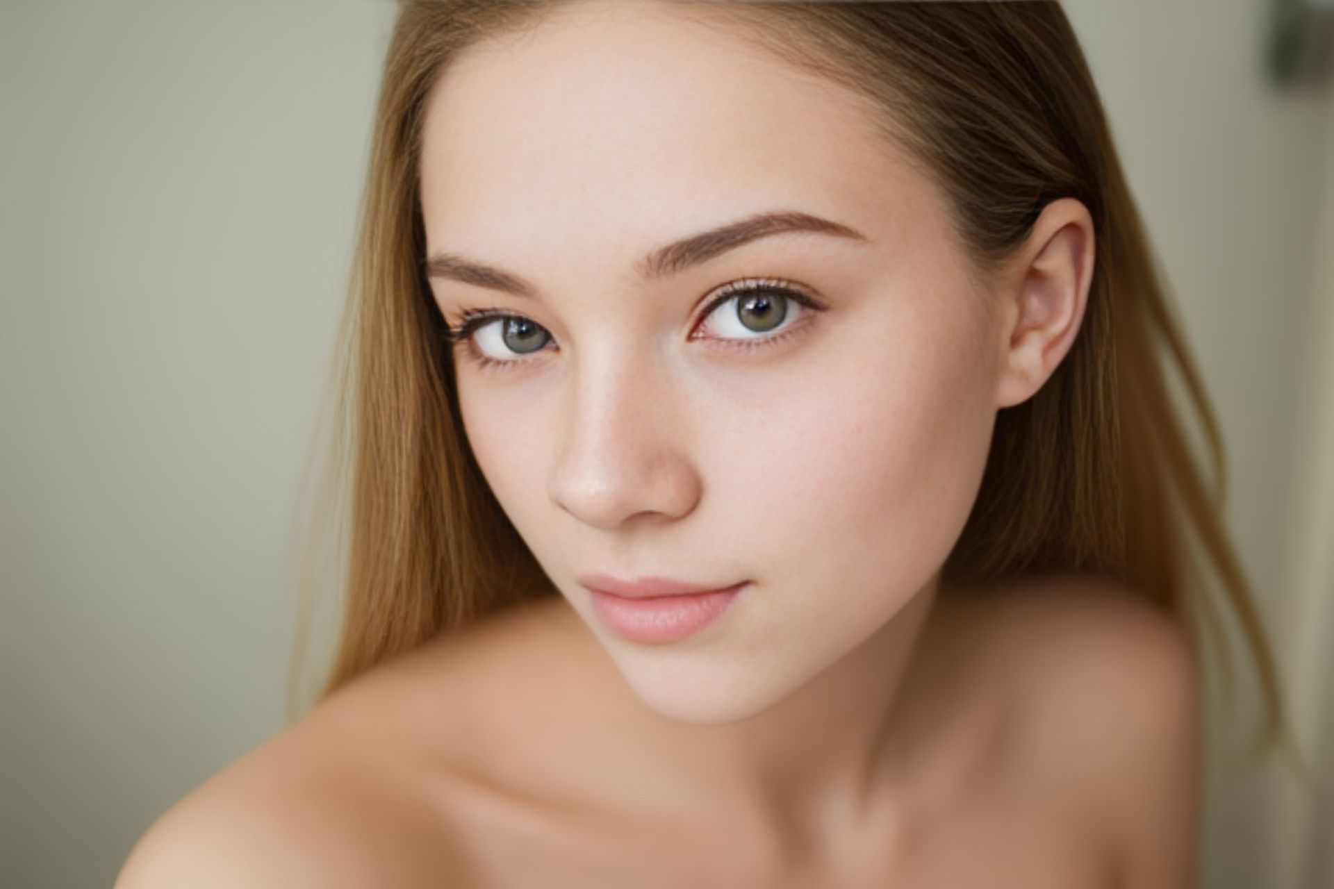 A young woman without a shirt is looking at the camera.