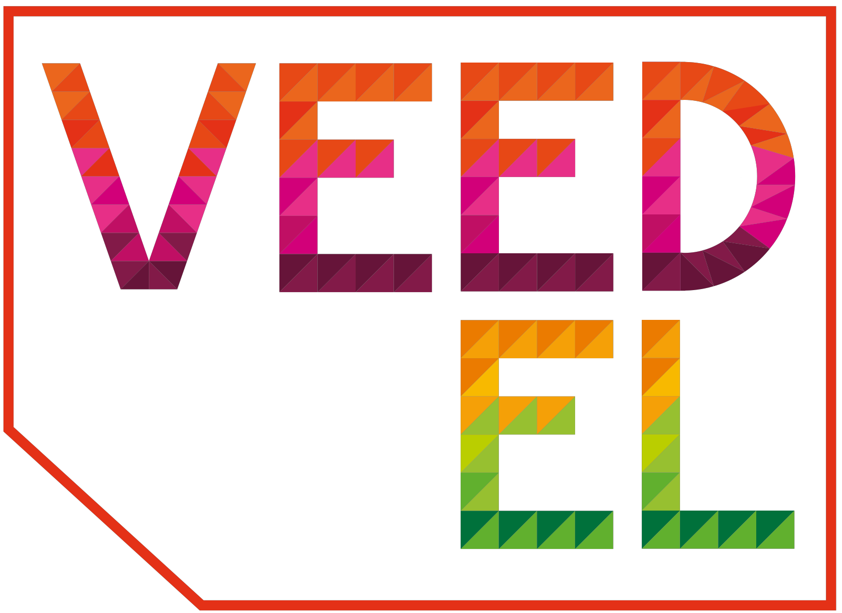 VEEDEL-Logo mit buntem geometrischem Muster innerhalb der Buchstaben, roter Umriss.