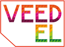 VEEDEL-Logo mit buntem geometrischem Muster innerhalb der Buchstaben, roter Umriss.