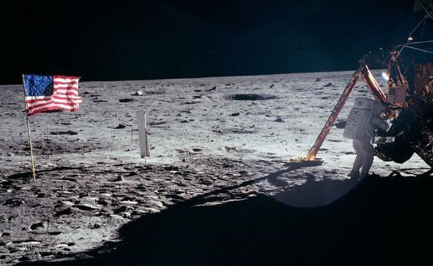 This is a view of Neil A. Armstrong working outside the lunar lander on the moon.