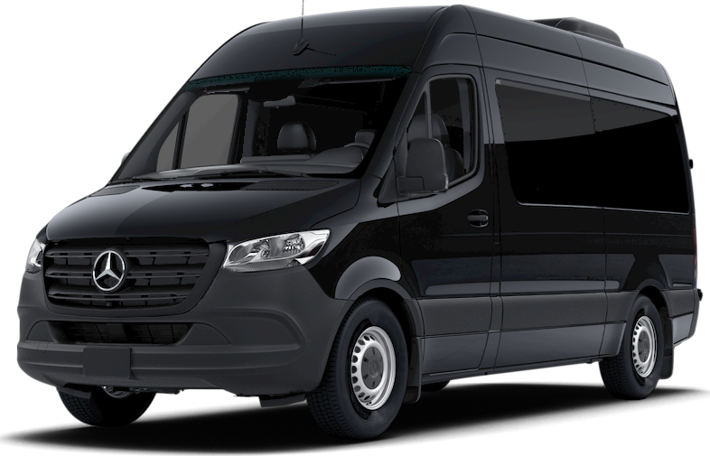 A black mercedes sprinter van is shown on a white background.