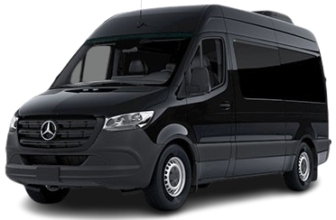 A black mercedes sprinter van is shown on a white background.