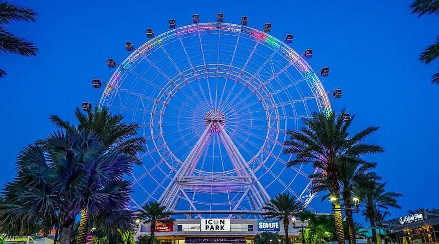 A ferris wheel is lit up at night with palm trees in the foreground.