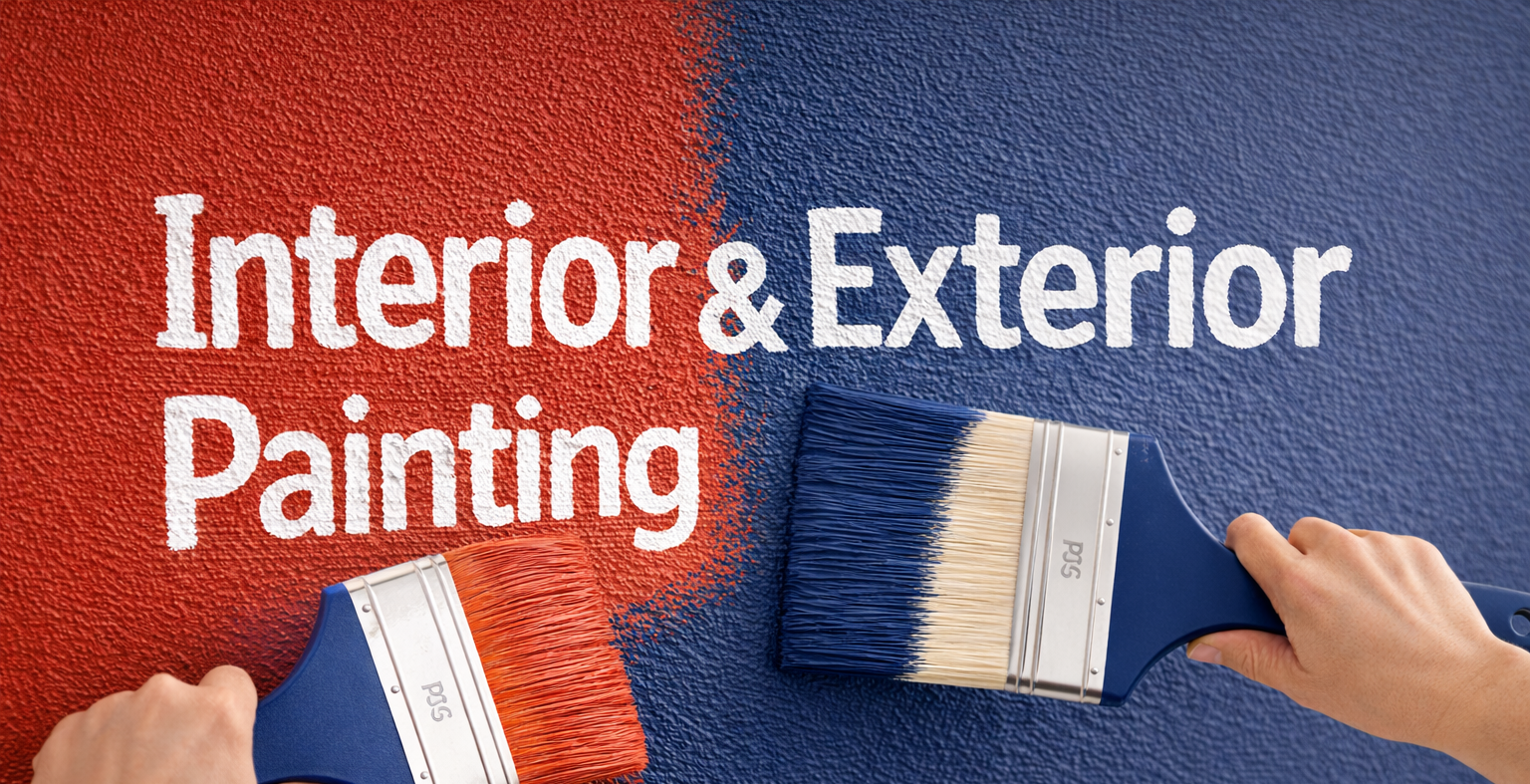 Two hands painting a white wall with a rusty orange-red paint using paintbrushes.