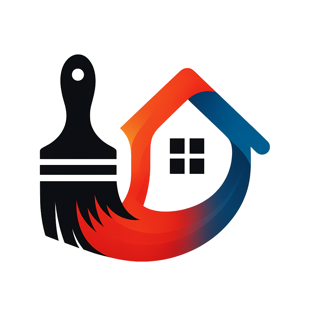 Black paintbrush painting a house with red and blue strokes.