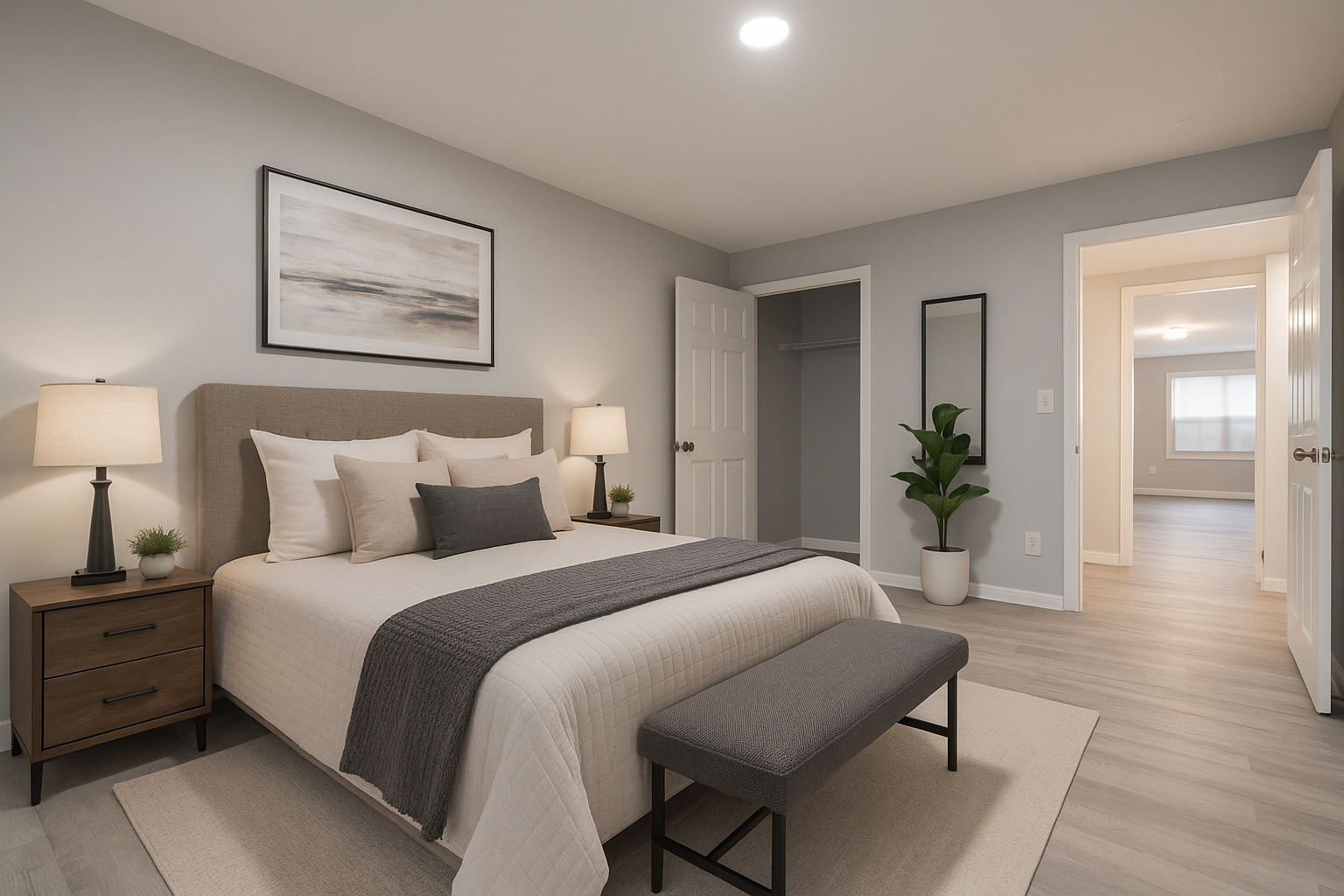 Grassy field with trees under a bright blue sky; red brick buildings in the distance.